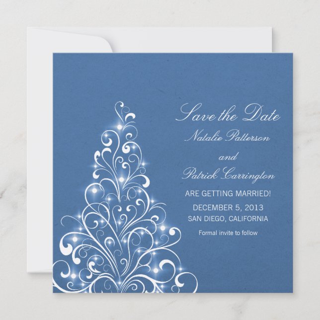 Blue Sparkly Holiday Tree Save the Date Invite (Front)