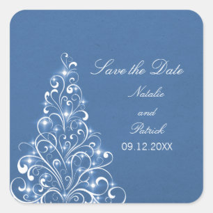 Blue Sparkly Holiday Tree Save the Date Stickers