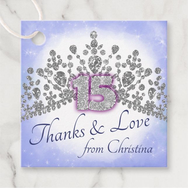 Blue & Sparkly Tiara Quinceanera Favour Tags (Front)