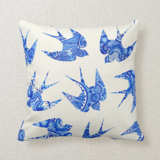 Blue Sparrow Swallow Watercolor Bird Pattern Cushion