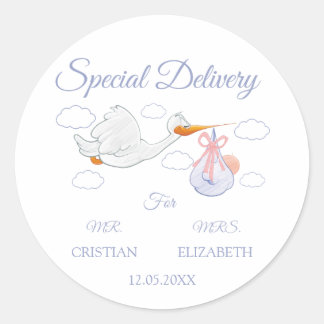 Blue Special Delivery Stork Baby Shower Classic Round Sticker