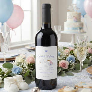 Blue Special Delivery Stork Baby Shower Wine Label