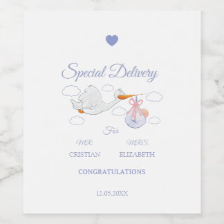 Blue Special Delivery Stork Baby Shower Wine Label