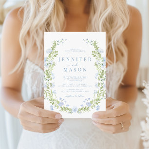 Blue sping flowers greenery wreath wedding invitation