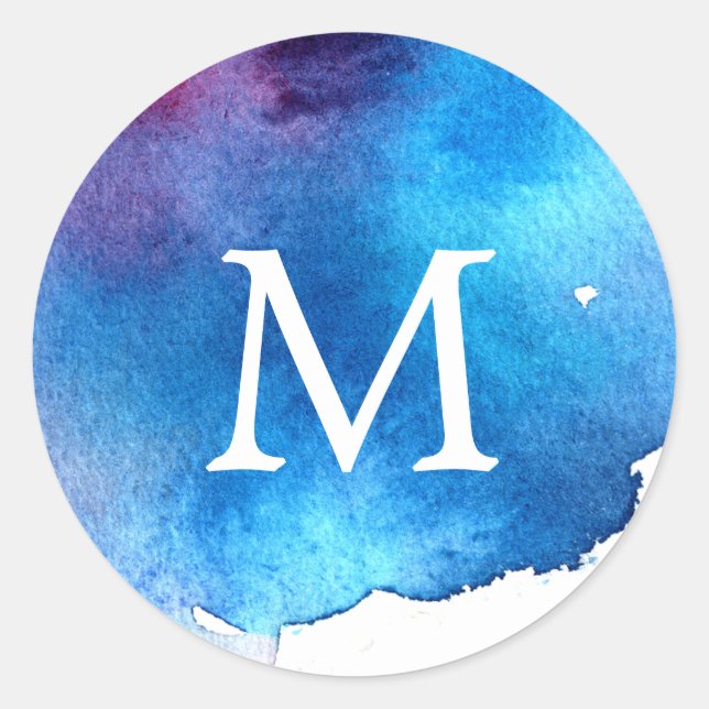 Blue Splash Watercolor Wedding Monogram Classic Round Sticker (Front)
