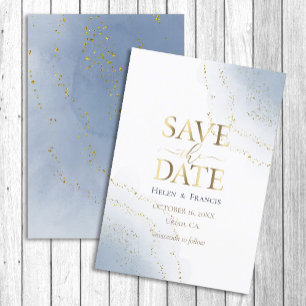 blue splashes and faux gold glitter save the date invitation