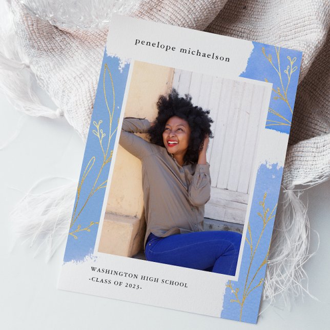 Blue Splashes Botanical Photo Graduation Party Invitation (Creator Uploaded)