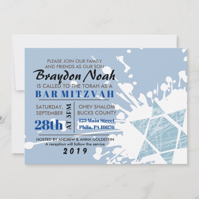 Blue Splatter Star Bar Bat Mitzvah Invitation (Front)