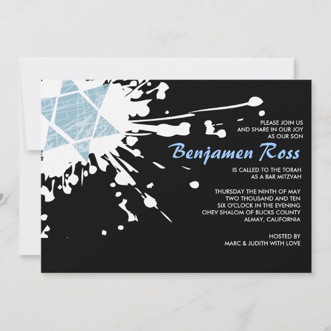 Blue Splatter Star Bar Bat Mitzvah Invitation (Front)