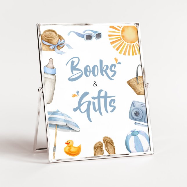 Blue Splish Splash Baby Shower Books and Gifts Poster (Boy Summer Beach Baby Shower Books and Gifts Sign )