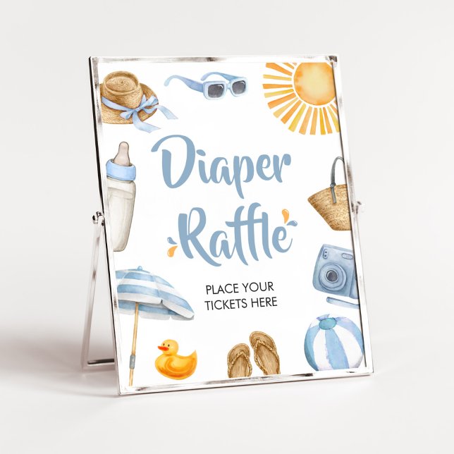 Blue Splish Splash Baby Shower Diaper Raffle Poster (Boy Summer Beach Baby Shower Diaper Raffle Sign)