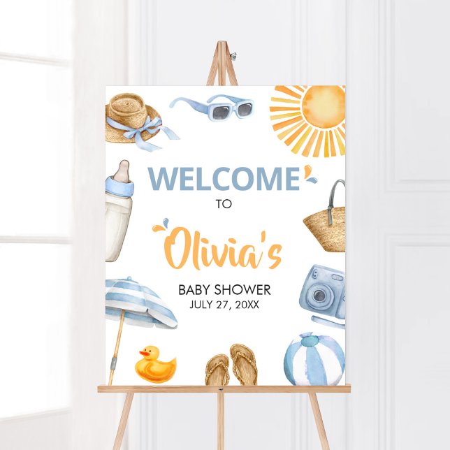 Blue Splish Splash Baby Shower Welcome Poster (Boy Summer Beach Baby Shower Welcome Sign)