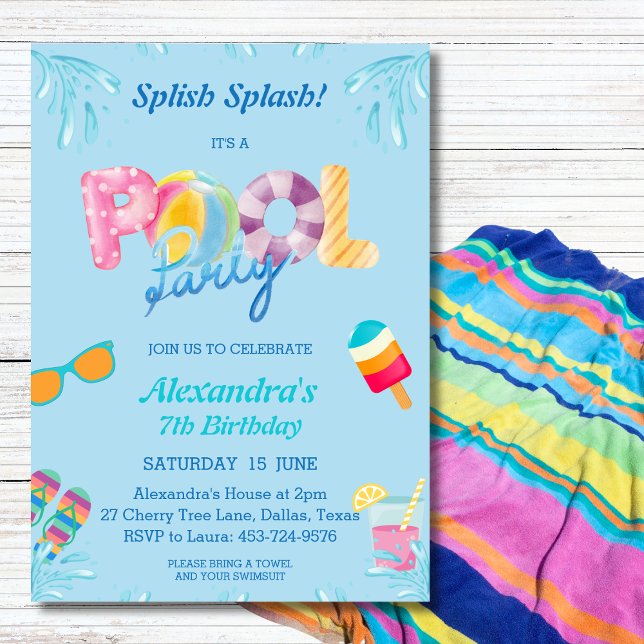 Blue Splish Splash Kids Pool Party Invitation (Creator Uploaded)