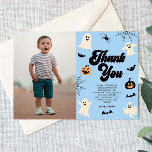 Blue Spooky Ghosts Halloween Photo Birthday Party Thank You Card (Creator Uploaded)