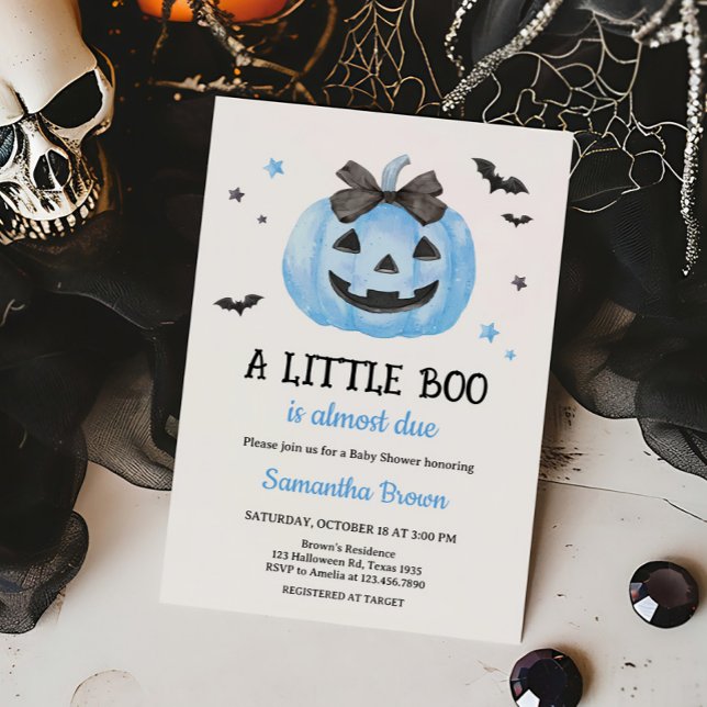 Blue Spooky Little Boo Pumpkin Baby Shower Invitation (Blue Little Boo Spooky Pumpkin Baby Shower Invitation )