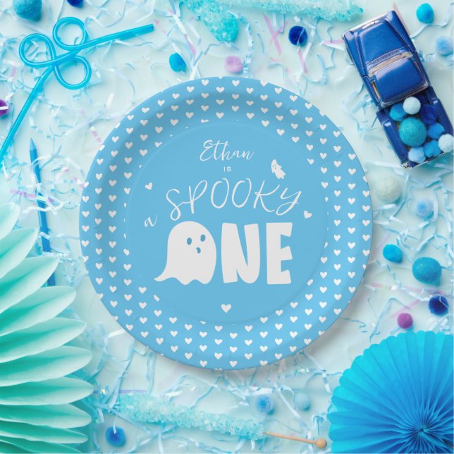 Blue Spooky One Boy Ghost Halloween 1st Birthday Paper Plate (Party)