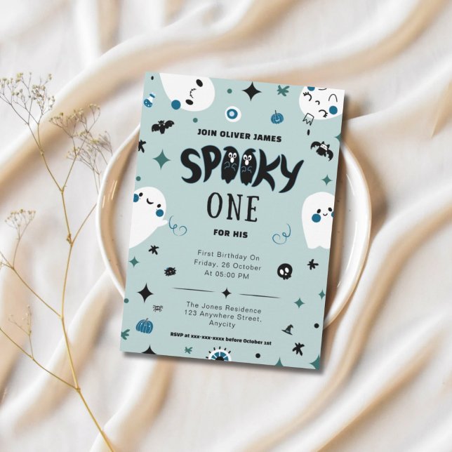Blue spooky one halloween boy 1st birthday  invitation (Creator Uploaded)