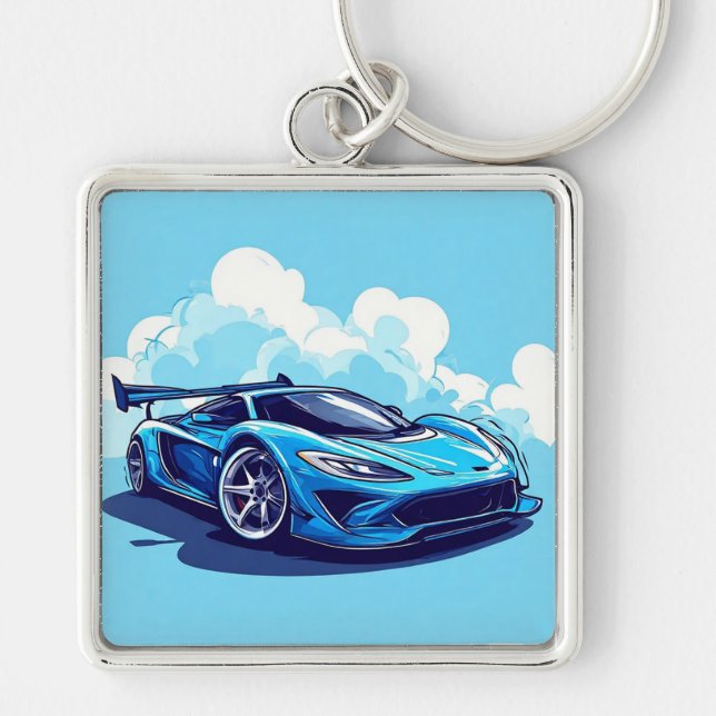 Blue Sports Car Under Clear Sky Key Ring (Front)