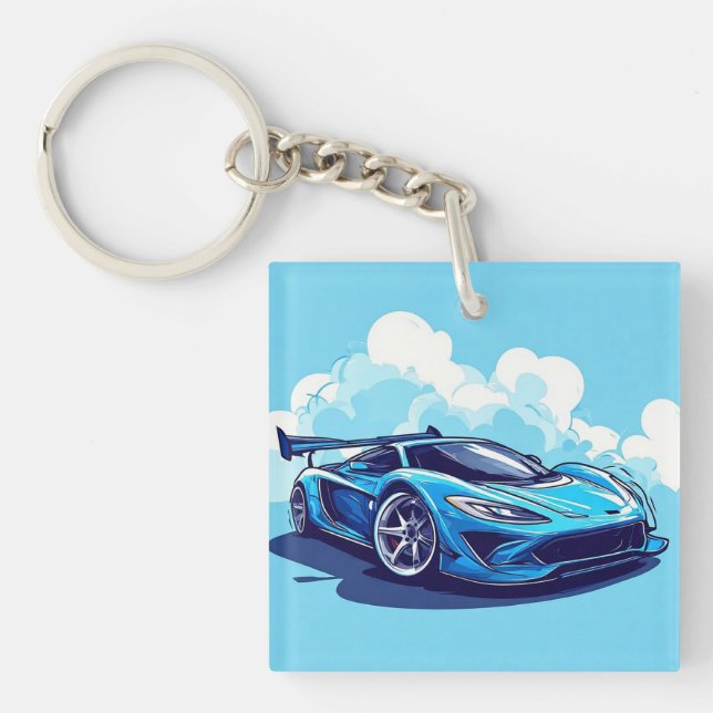 Blue Sports Car Under Clear Sky Key Ring (Front)
