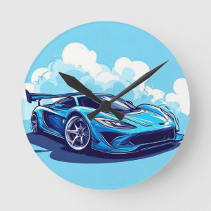 Blue Sports Car Under Clear Sky Round Clock