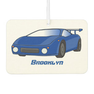 Blue sports car with airfoil illustration air freshener