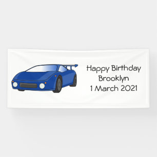 Blue sports car with airfoil illustration banner
