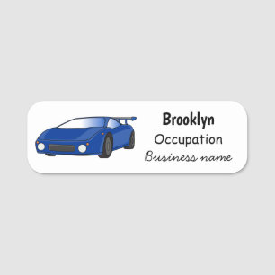 Blue sports car with airfoil illustration name tag