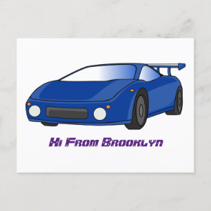 Blue sports car with airfoil illustration postcard