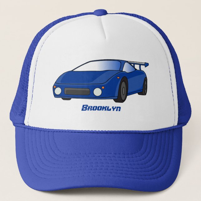 Blue sports car with airfoil illustration trucker hat (Front)