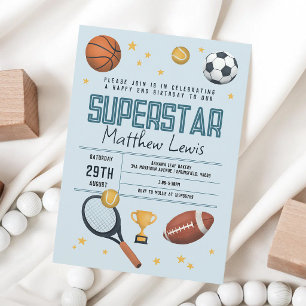 Blue Sports Superstar 2nd Birthday Invitation