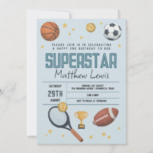 Blue Sports Superstar 2nd Birthday Invitation