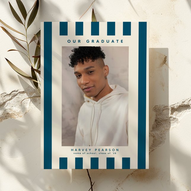Blue Sporty Stripes 2 Photo Graduation Announcement (Creator Uploaded)