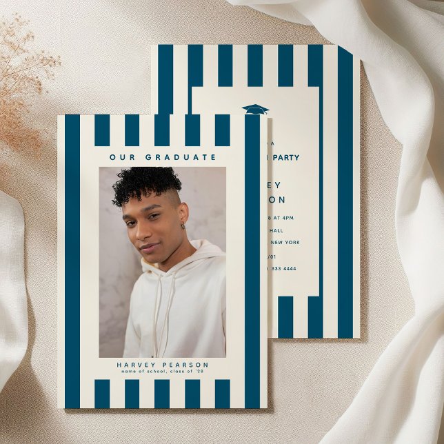 Blue Sporty Stripes 2 Photo Graduation Party Invitation (Creator Uploaded)