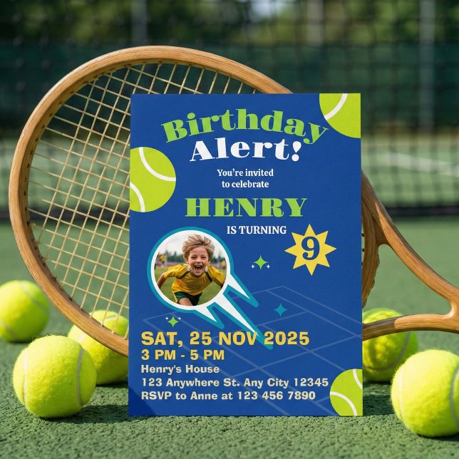 Blue Sporty Tennis Ball Kids Birthday Party Invitation (Creator Uploaded)