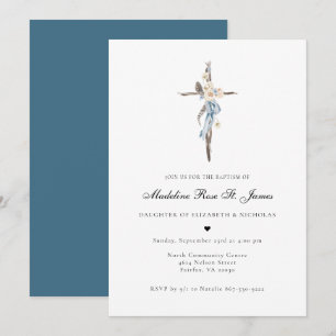 Blue Spring Blooms Floral Cross Baptism Invitation
