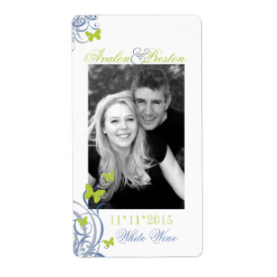 Blue Spring Butterfly Wedding Wine Label