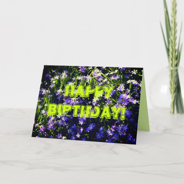Blue Spring Flowers on Green Happy Birthday Card (Front)