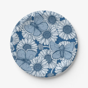 Blue spring, wild flowers, daisies paper plate