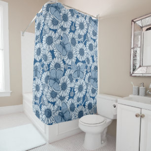 Blue spring, wild flowers, daisies shower curtain