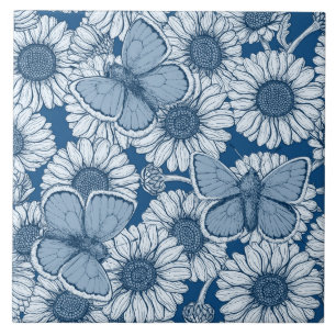 Blue spring, wild flowers, daisies tile