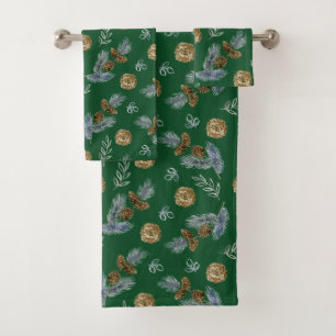 Blue Spruce & Pine Cones Hunter Green Bath Towel Set