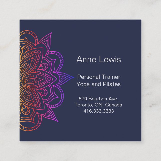 Blue Square Business Card with Floral Mandala (Front)