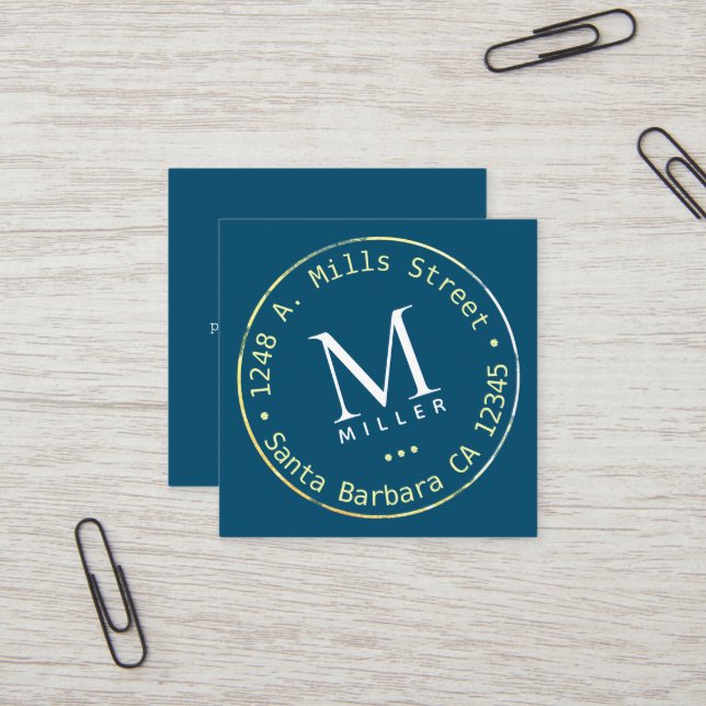 Blue Square Business Card with Top Monogram (Front/Back In Situ)