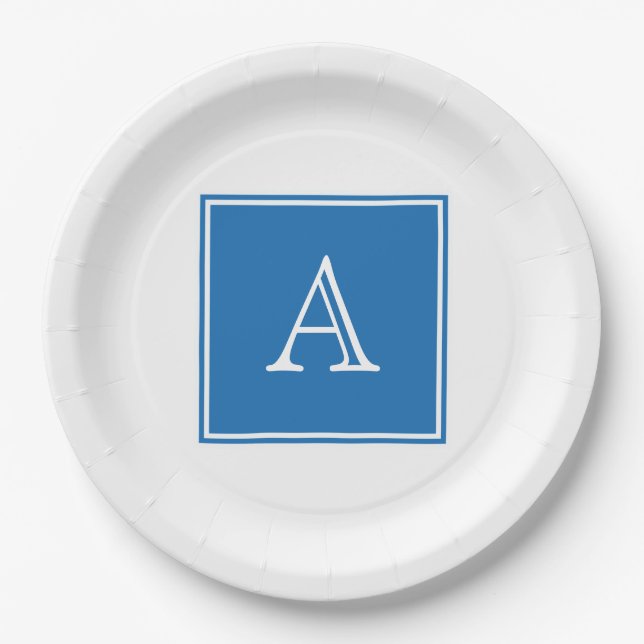 Blue Square Monogram Paper Plates (Front)
