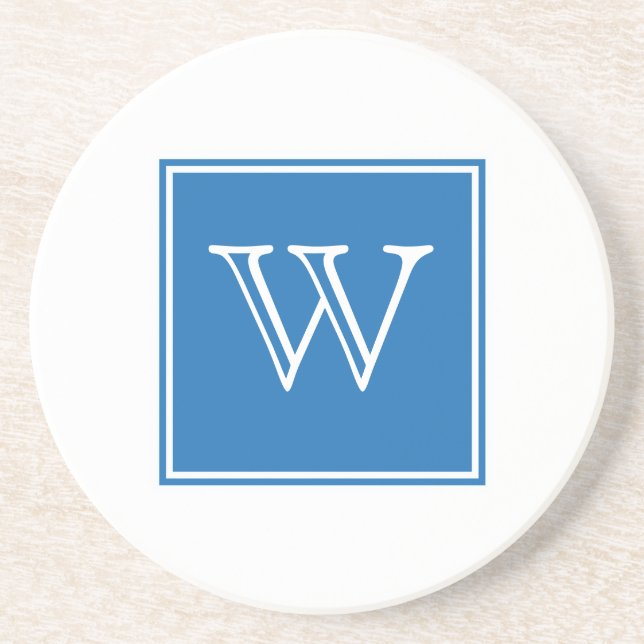 Blue Square Monogram Sandstone Coaster (Front)