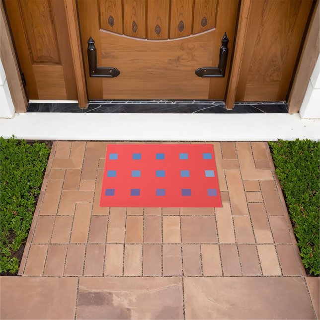 Blue Squares On Red Background Doormat (Outdoor)