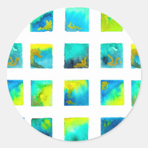 Blue squares watercolor abstract classic round sticker