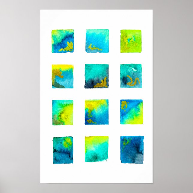 Blue squares watercolor abstract poster (Front)