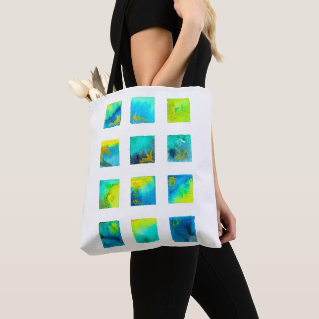 Blue squares watercolor abstract tote bag (Close Up)