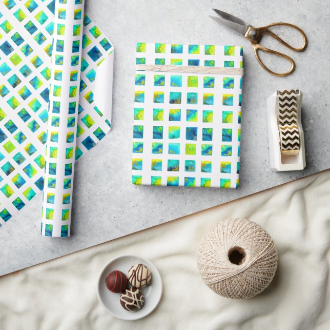 Blue squares watercolor abstract wrapping paper (Crafts)